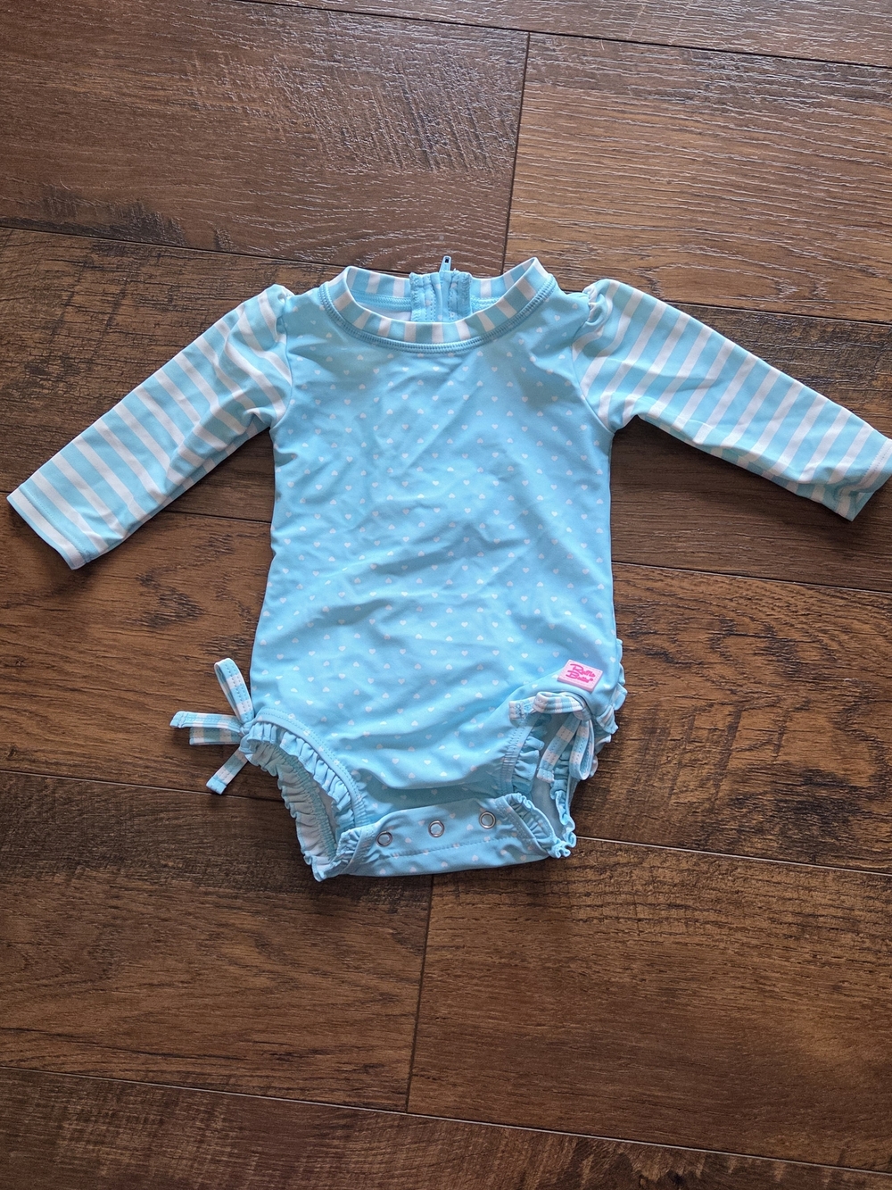 Ruffle Butts Light Blue Heart Print Long Sleeve Swimsuit